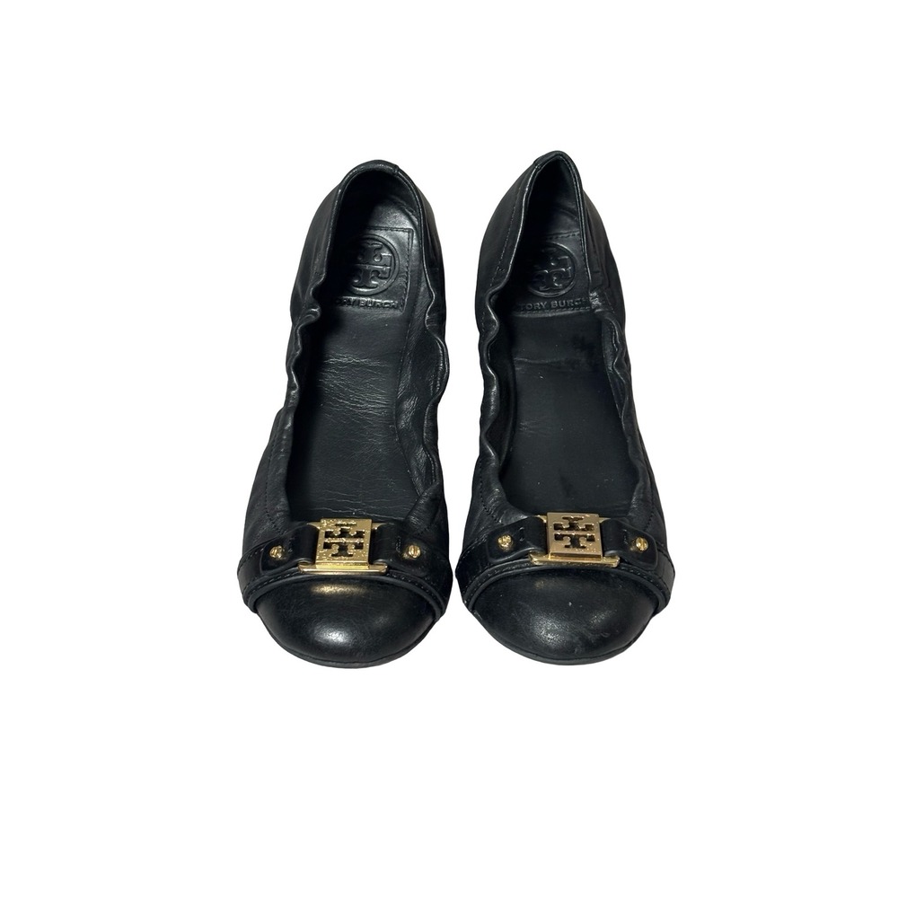 Tory Burch Black Leather Logo Scrunch Ballet Flats Size 5.5M Gold Hardware